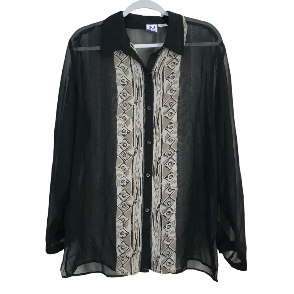 Vintage 80s Sheer Black Graphic Border Button Down Blouse Shirt Top size L